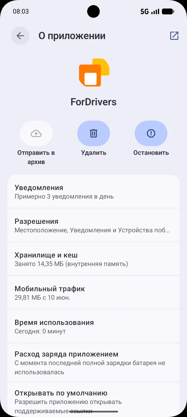 Настройки приложения ForDrivers на Android: карточка приложения с разделами уведомлений, разрешений, хранилища, мобильного трафика и расхода заряда.