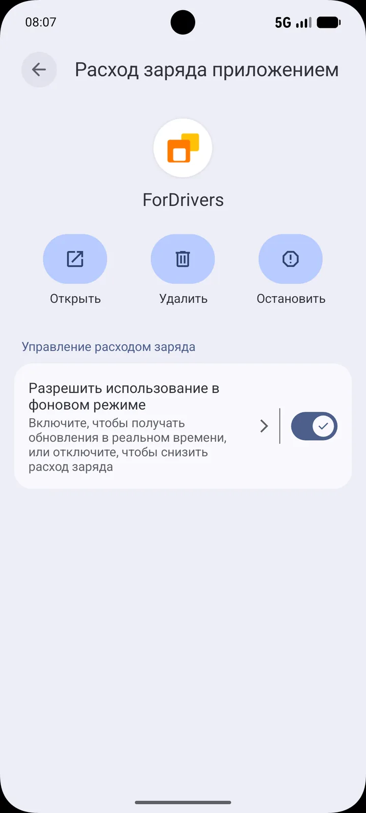 Настройки расхода заряда ForDrivers на Android: разрешено использование приложения в фоновом режиме.